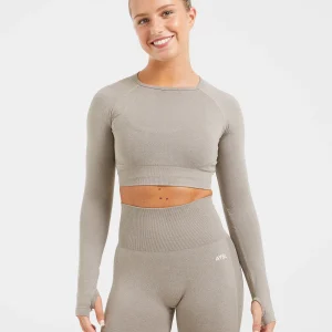 Empower Seamless Long Sleeve Crop Top - Taupe Marl