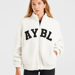 Varsity Oversized Fleece Zip Up Jacket - Cream