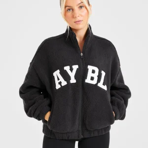 Varsity Oversized Fleece Zip Up Jacket - Black