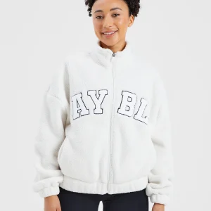 Varsity Oversized Fleece Zip Up Jacket - Cream/White