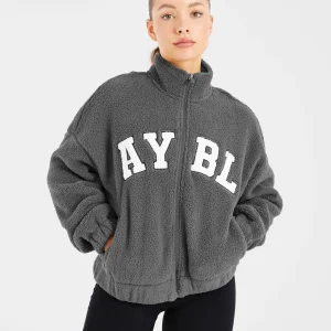 Varsity Oversized Fleece Zip Up Jacket - Charcoal