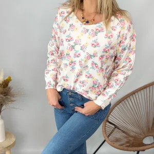 Pull Romance écru fleuri pastel
