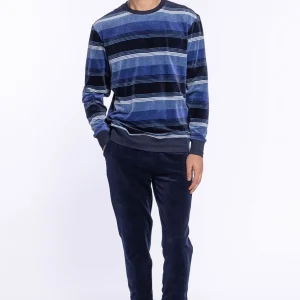 Pyjama Long en Velours de Coton à Rayures