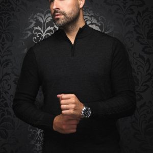 Chandail col avec zip en mérinos Mesta noir