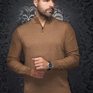 Chandail col avec zip en mérinos Mesta tan