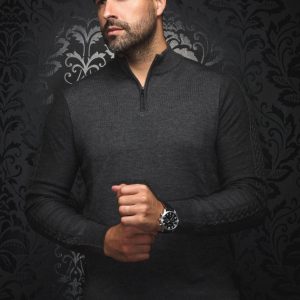 Chandail col avec zip en mérinos Mesta gris foncé