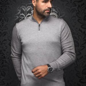 Chandail col avec zip en mérinos Mesta gris pâle