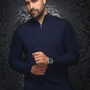 Chandail col avec zip en mérinos Mesta marine