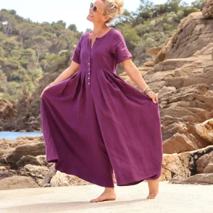 La combi India en lin lilas - fourche courte adaptée jusqu'à 1m63